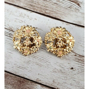 Vintage Clip On Earrings Gold Tone Flowers Circle Statement